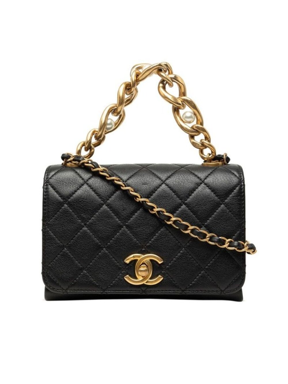 Chanel CC Logo Quilted Chain Shoulder Bag Black Gold Calfskin Faux Pearl